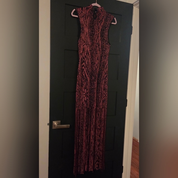 Misa Los Angeles Red & Black Sparkle Sheath Dress- Mock Neck & Fringe Maxi - Picture 6 of 6